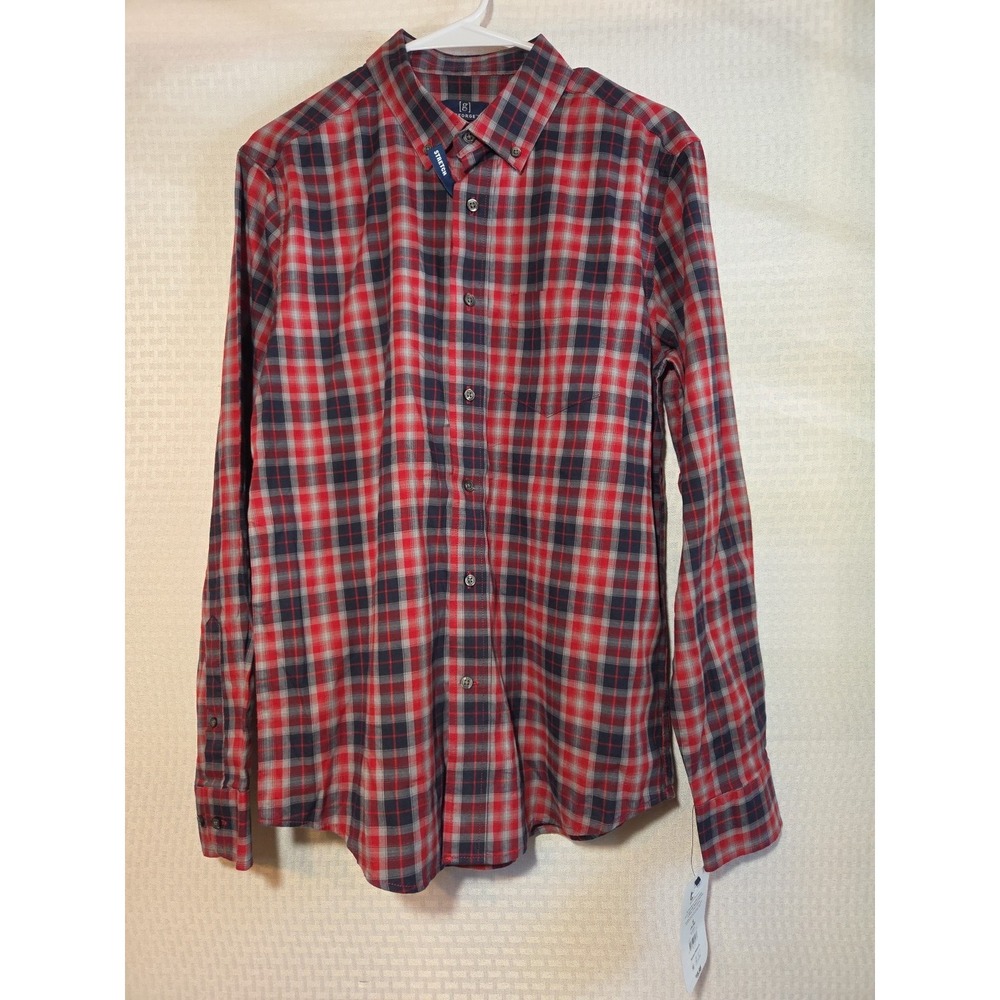George Mens Red Blue Check Plaid Long Sleeve‎ Button Down Shirt NWT